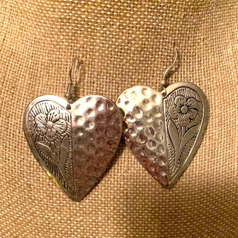 Large heart shaped silver tone earrings